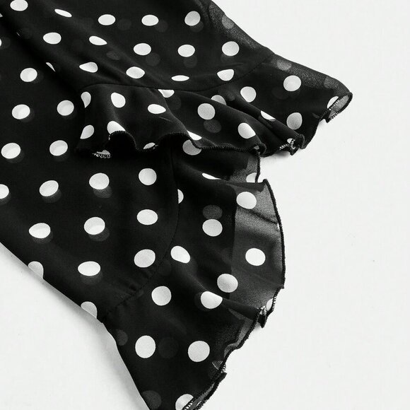 Black Women's Polka Dot Print Design Front Bow Tie Ruffle details blouse - Picture 11 of 11